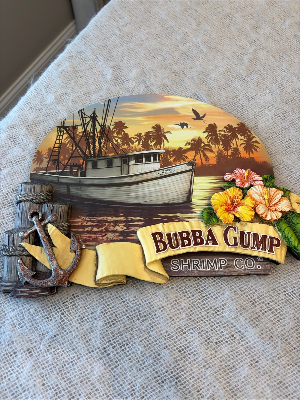 Bubba Gump Shrimp Co 3D Tiki sign featuring a tropical scene with boat, flowers